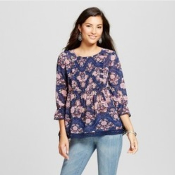 Navy Blue Floral High-Low Blouse Large Knox Rose - Picture 4 of 4